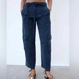 Zara Cropped Cargo Pants Womens Size Small Blue Lyocell Linen‎ Blend Altered Hem